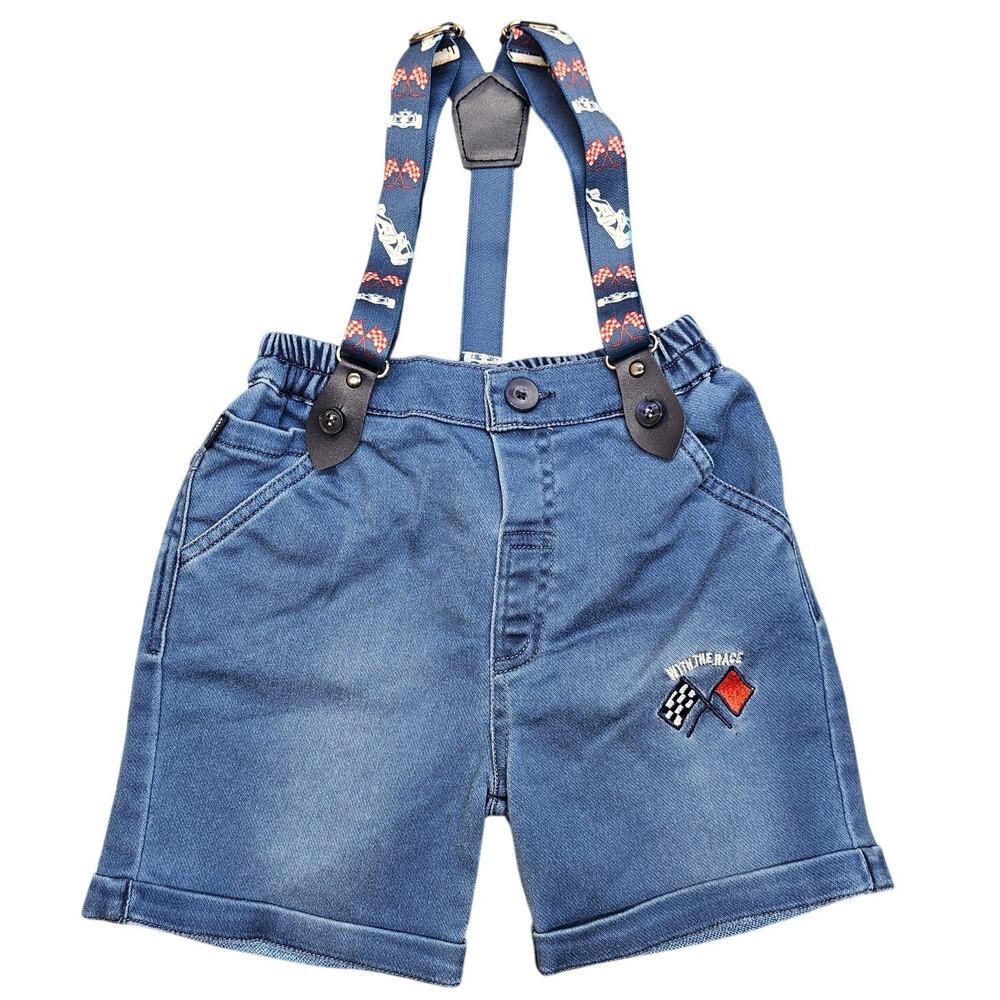 BABE BABY BLUE DENIM SUSPENDER SHORTS – TODDLER XL – “WIN THE RACE” EMBROIDERED